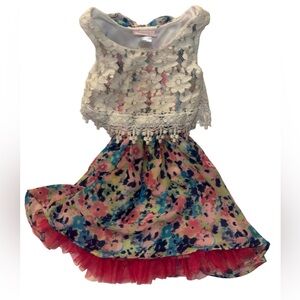 Girls Little Lass Cream Lace Top Dress with Multicolor Floral Skirt size 6